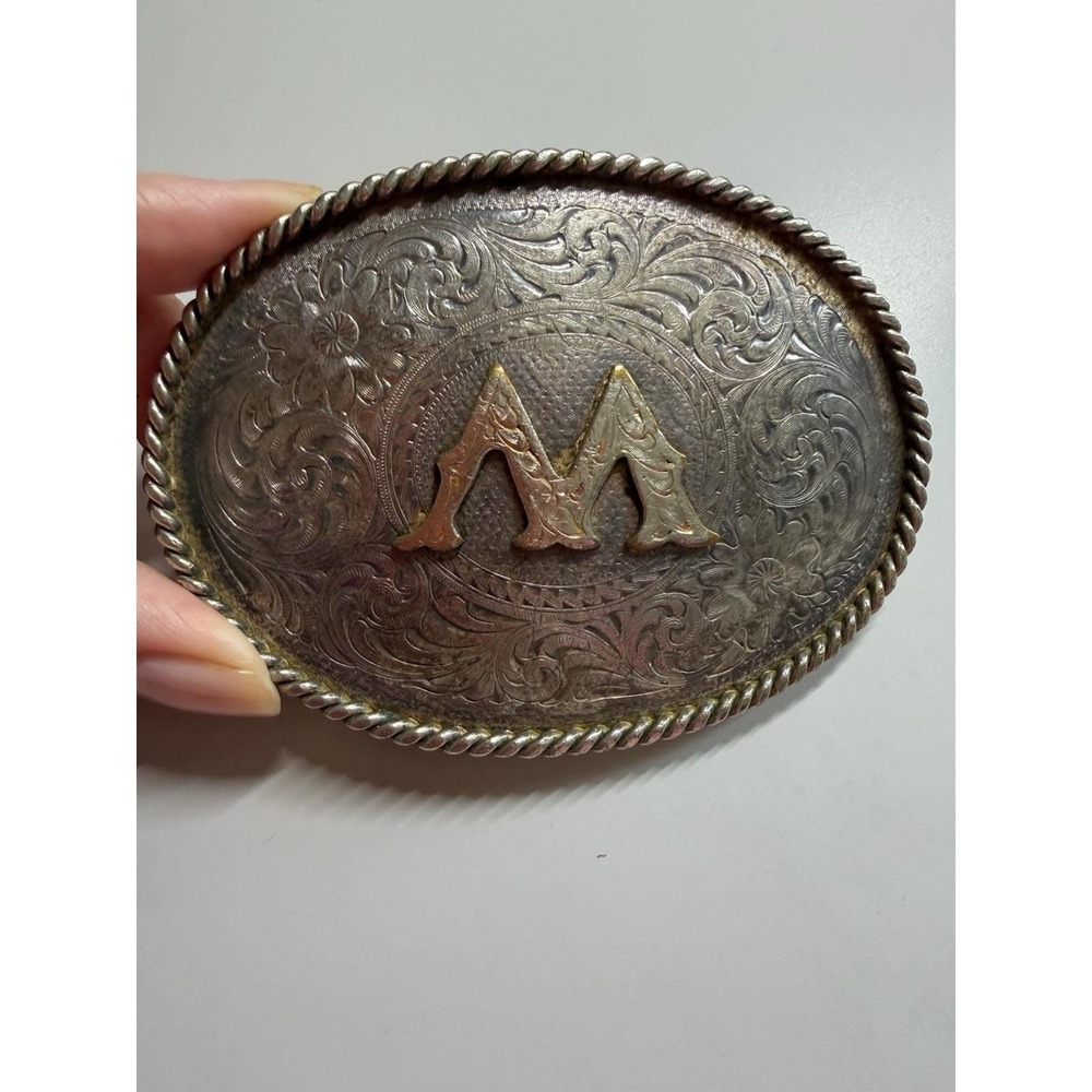 Montana Silversmiths Belt Buckle Initial M Sterling Silver Plate Gold Trim